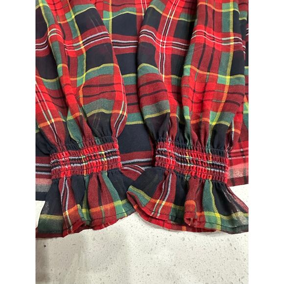 Talbots Christmas Top Blouse Red Black Green Plaid Sheer Ruffle S Holiday Party - Picture 9 of 10